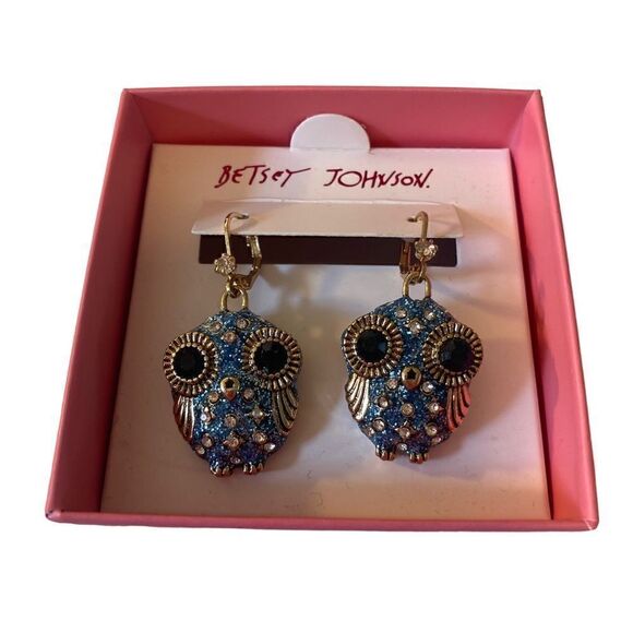 Betsey Johnson Sparkly Blue Pave Crystal & Antiqued Gold Toned Owl Leverbacks - Picture 5 of 8